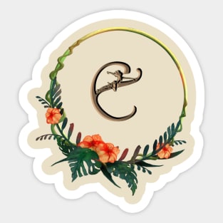 Letter E in tropical circular flower frame with girl figure Sticker